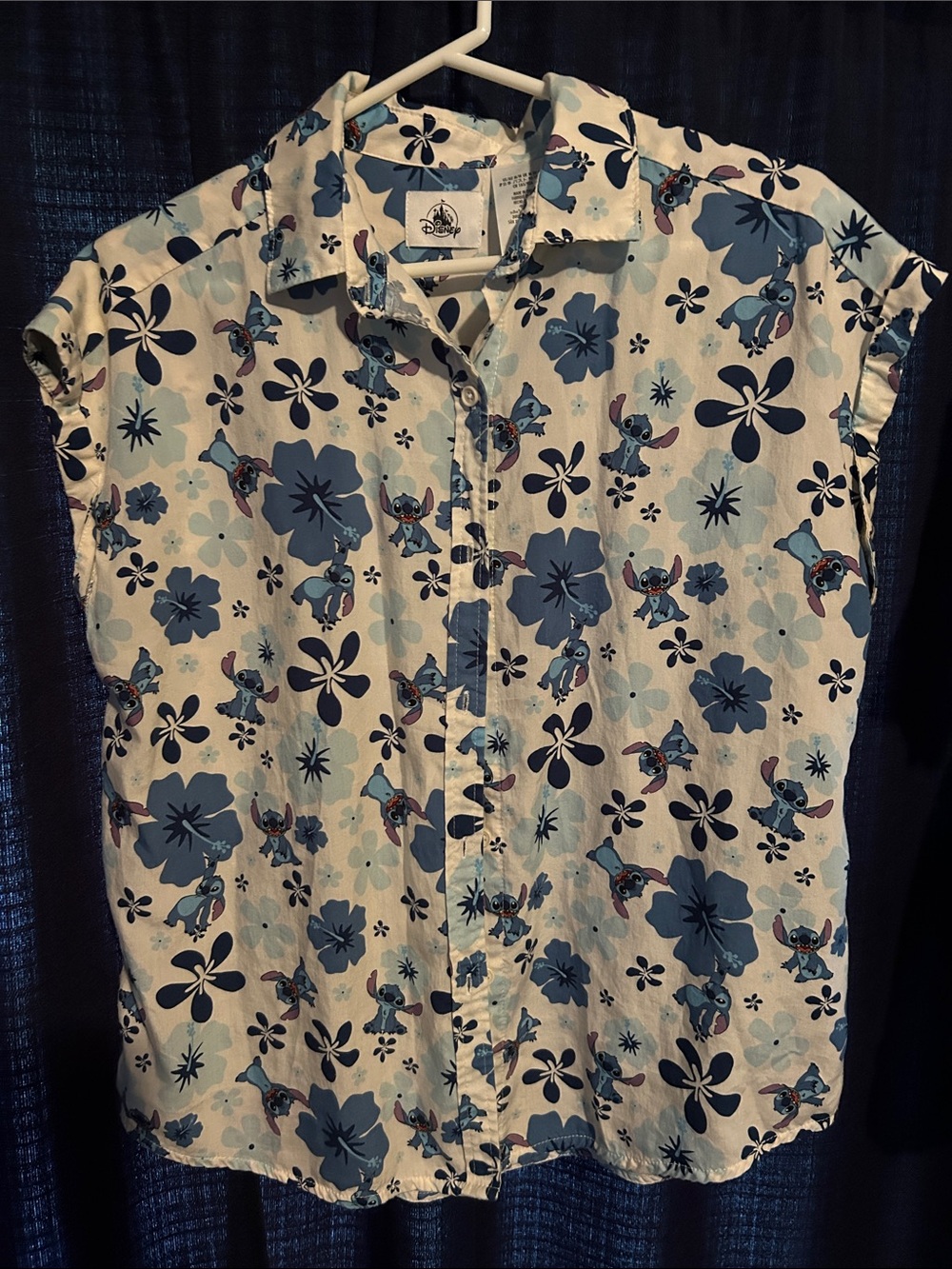 Disney Blue and White Stitch Floral Camp Shirt